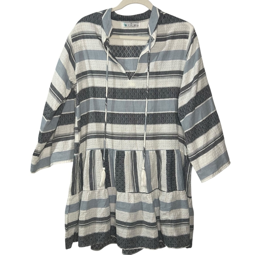 Bindu Boho Cotton Tunic Dress Striped Blue And White Medium